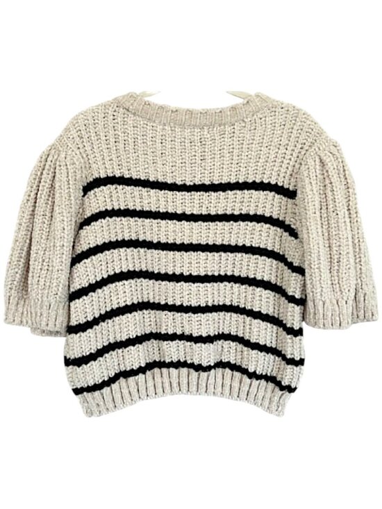 Designer Inspired Striped Puff Sleeve Cropped Sweater Cream/Black M Soft Knit - Picture 3 of 6